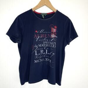 Ralph Lauren Jeans Company Womens Large Petite T Shirt Top Graphic Navy Blue
